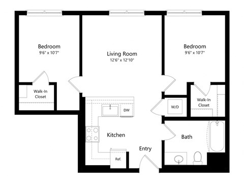 Floor plan for 2 beds, 1 bath, 744 sqft
